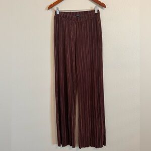 Zara Brown-Red Pleated Palazzo Wide Leg Pants